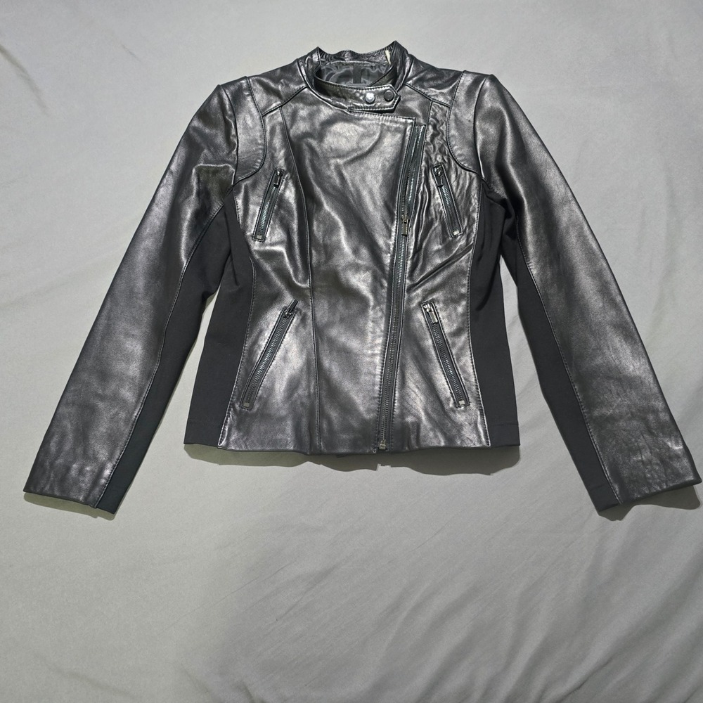 Wilsons Leather Moto Jacket Women Medium Black Asymmetrical Zip Mixed Media